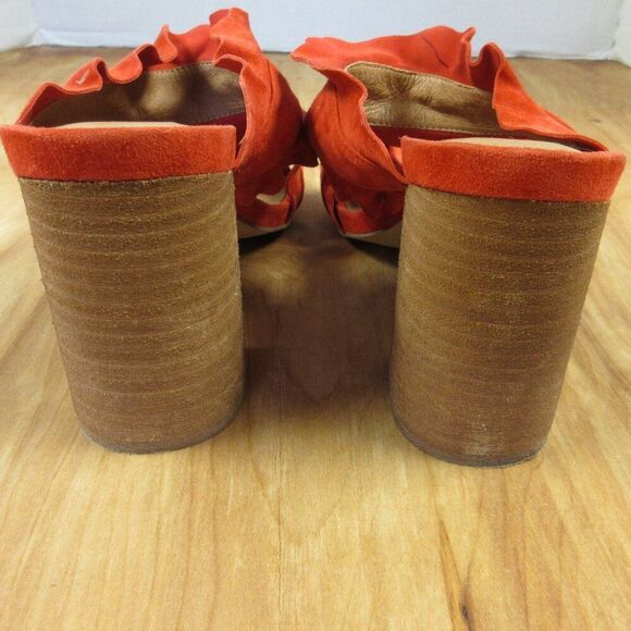 FREE PEOPLE Rosie Ruffle Heels Sz 38 Red Orange Slip On Slide Sandals Block Heel - Picture 6 of 12